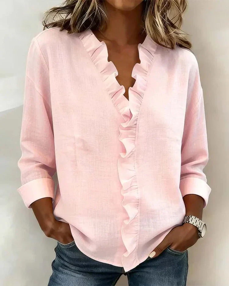 Indie | Blouse with Ruffles, V-Neck and Long Sleeves