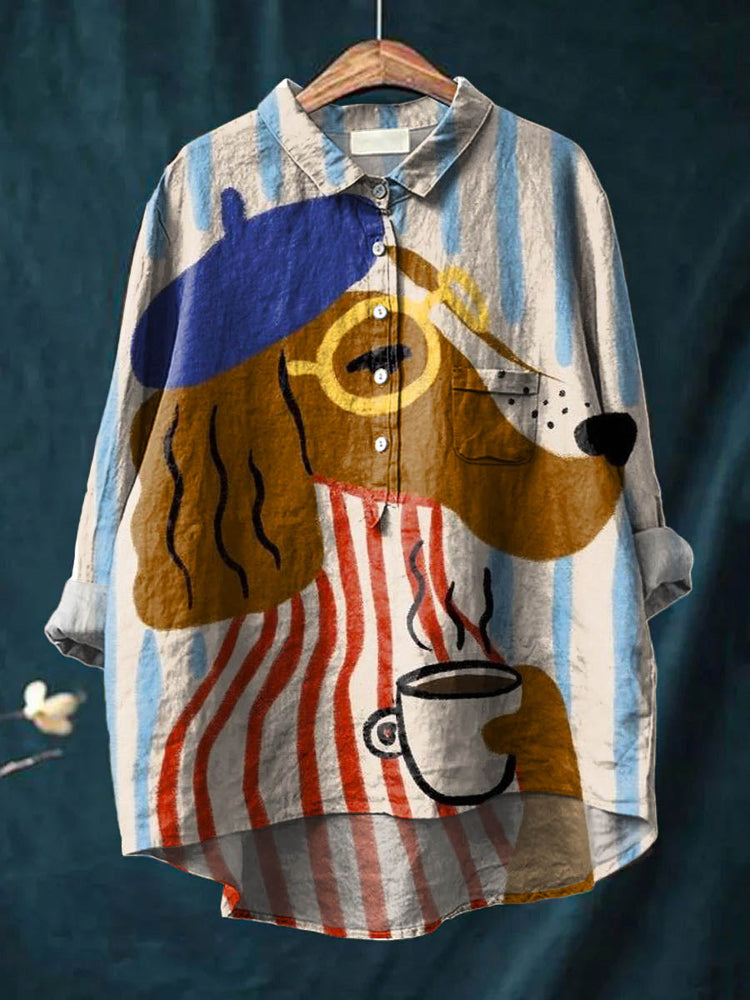 Artistic Dog & Coffee Print Shirt