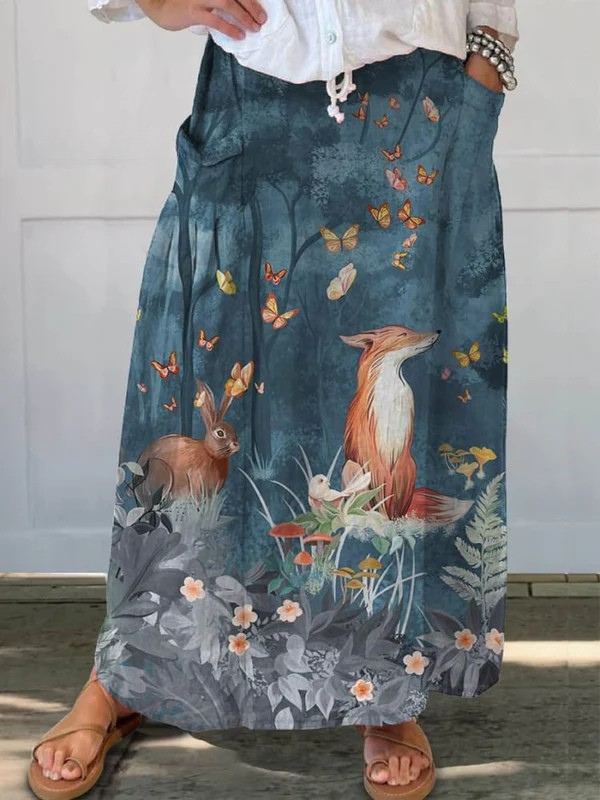 Women's Vintage Floral Animals Art Print Casual Linen Pocket Skirt