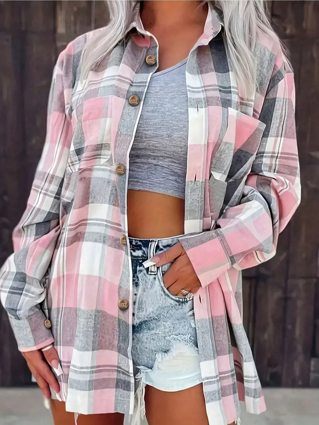 Mia | Women's Oversized Plaid Flannel Long Sleeve Button-Up Shirt
