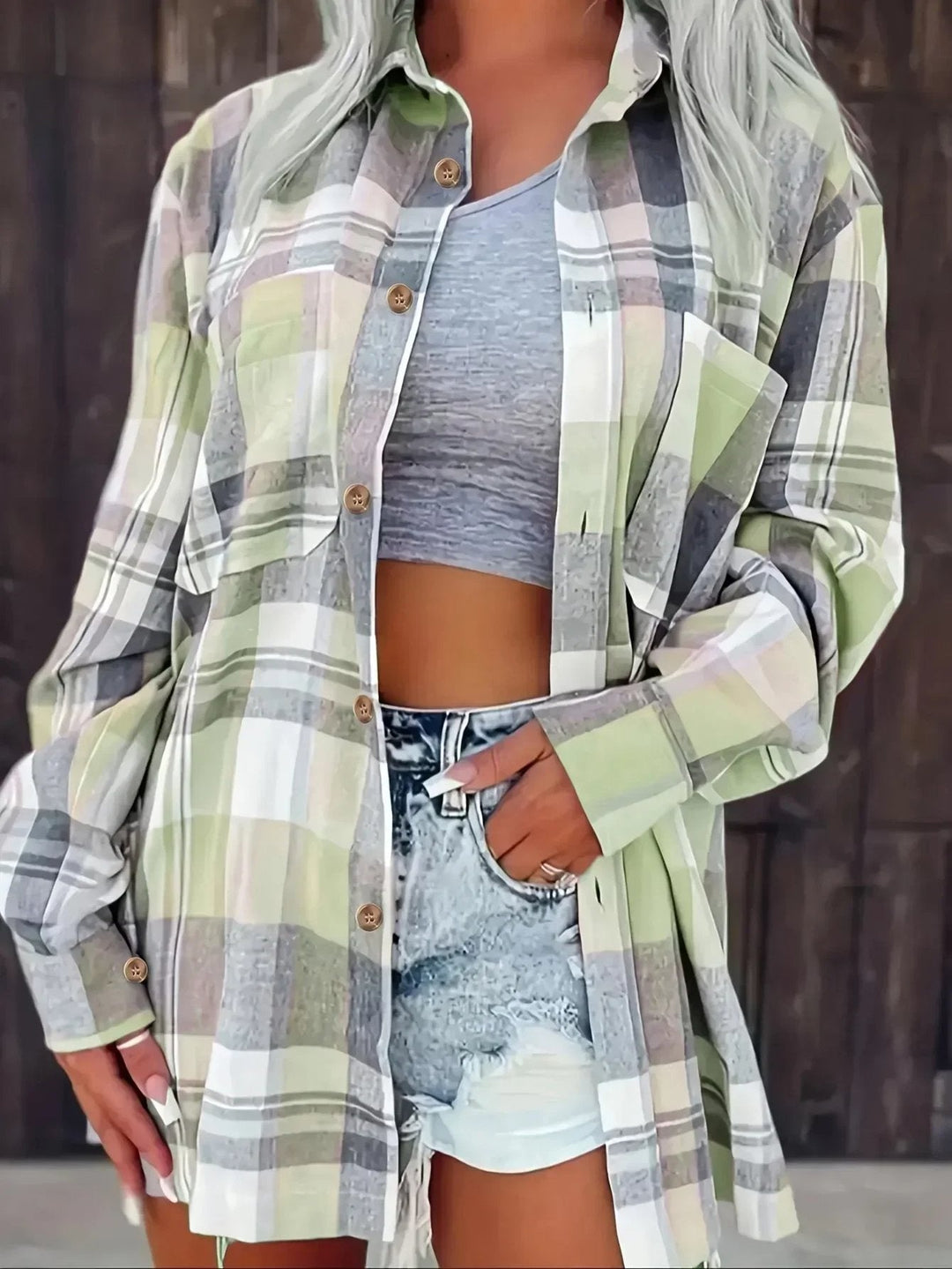 Mia | Women's Oversized Plaid Flannel Long Sleeve Button-Up Shirt