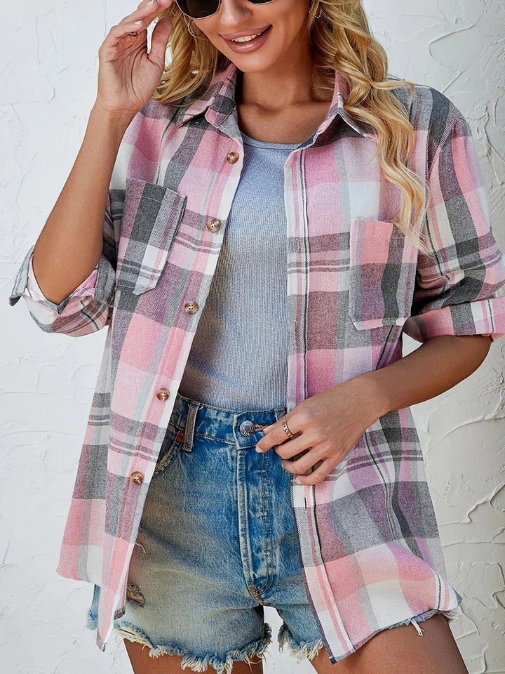 Mia | Women's Oversized Plaid Flannel Long Sleeve Button-Up Shirt